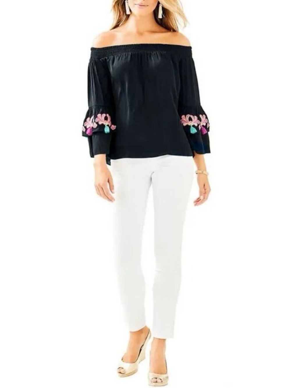 LILLY PULITZER Tobyn Colorful Tassels Off-Shoulder Blouse Pink Floral Embroidery